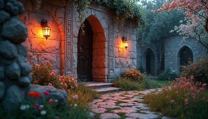 Fototapeta premium Enchanted Stone Gateway: A mystical stone archway, illuminated by warm lantern light, leads to a hidden garden, promising adventure and serenity. The pathway invites exploration.