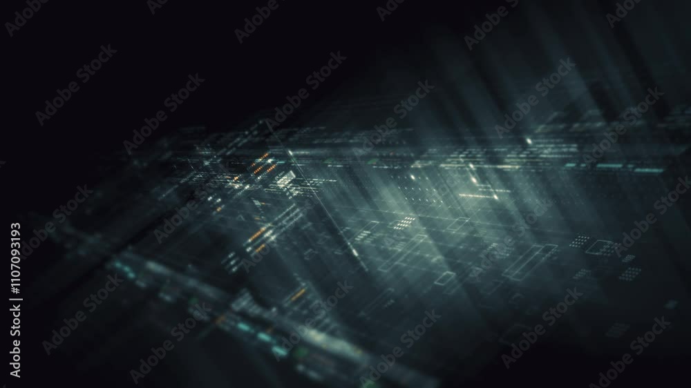 Aufkleber Futuristic network simulation blending AI, quantum physics, and deep learning, with a particle matrix analyzing data in a sleek, HUD-style interface
