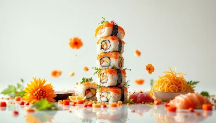 Sushi Tower with Falling Flowers: A visually stunning and artistic image of a tall stack of sushi rolls, surrounded by vibrant flowers and garnishes, creating a captivating culinary scene.