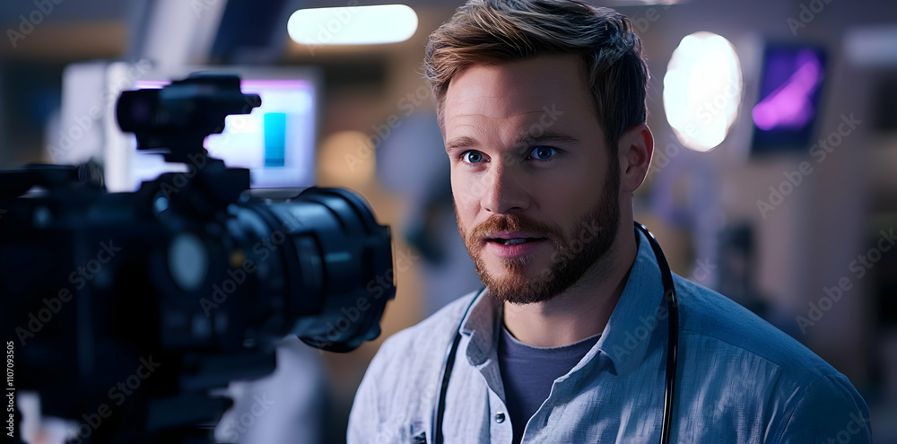 Poster a man with a stethoscope looks intently at a camera in a medical setting.