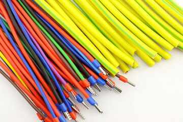 Copper electrical installation wires in colored insulation. Close-up. Soft focus.