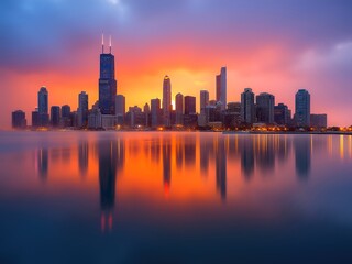 Obraz premium City skyline at sunset, vibrant colors