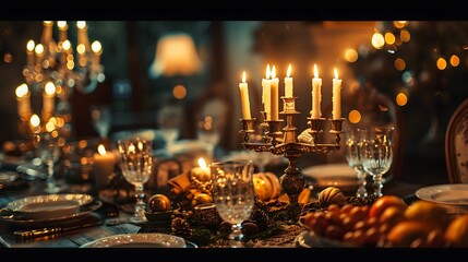 A classic Hanukkah scene with the menorah as the centerpiece, surrounded by festive elements, capturing the warmth, tradition, and joy of the Jewish holiday season