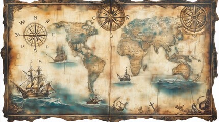 A weathered treasure map features mythical creatures and ships, inviting exploration and adventure.