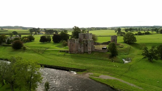 The 13th century castle in Brougham, United Kingdom. Aerial footage.