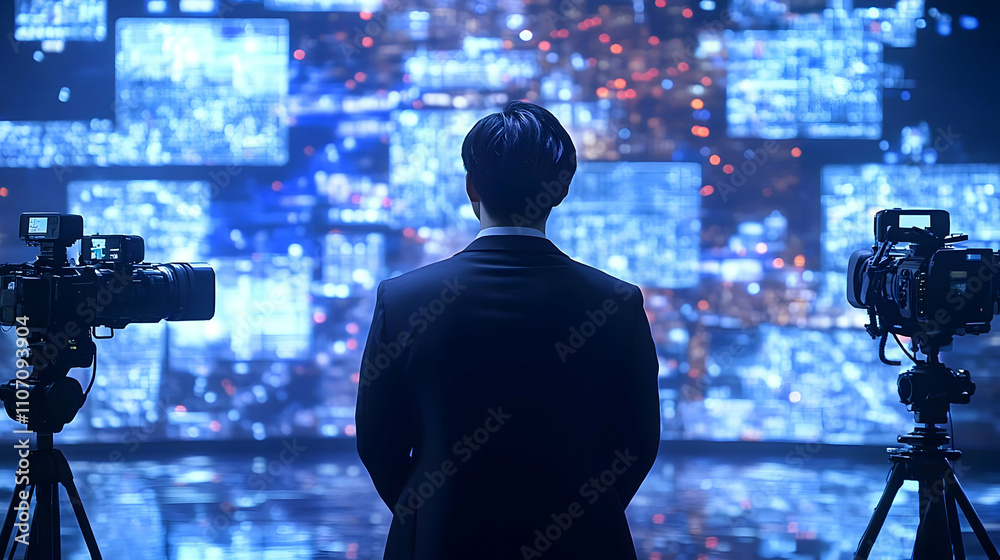 Poster a person in a suit stands before a backdrop of digital screens and cameras.