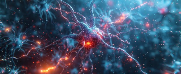 A vibrant, abstract depiction of neural connections, showcasing glowing neurons and synapses in a cosmic, blue and orange color scheme.