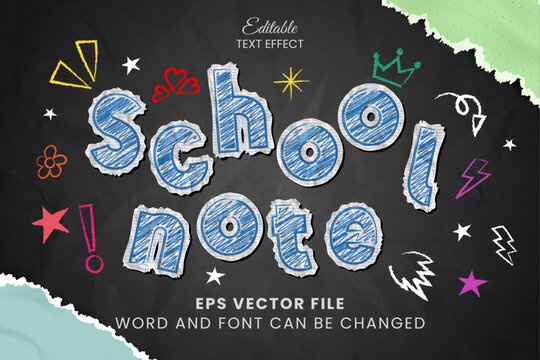 School note in crumpled paper texture editable vector text effect. Back to school scribble pen text style