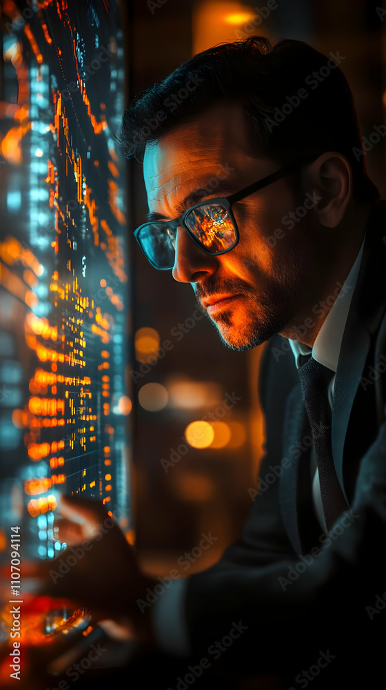 Poster a focused man in glasses analyzes glowing data on a screen in a dimly lit environment.