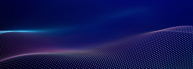 Particle stream. Purple background with many glowing particles. Information technology background. 3d rendering.