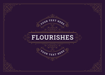 Classic antique Victorian swirl golden luxury ornate greeting card design template vector illustration. Calligraphic filigree element premium old style scroll for wedding invitation label cover emblem