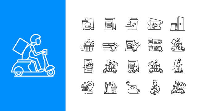 Food delivery icons set. Containing food order, courier, fast food, scooter, delivery, scooter, groceries and more.  Collection of thin vector icons.