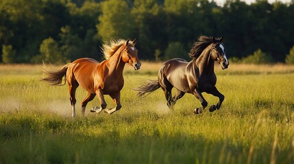 Fototapeta premium Two horses running freely in a green field with a forest in the background.