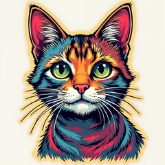 Vibrant and artistic cat illustration with expressive eyes and colorful fur patterns