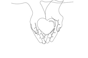 Single one line drawing Hands give heart for love. World charity day concept. Continuous line draw design graphic vector illustration.