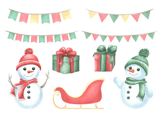 Set of snowmans with gift boxes and sleigh. Garlands from pennant flags hanging. Hand drawn watercolor illustration isolated. Winter holiday design. Clipart for Christmas and New Year wrapping, card.