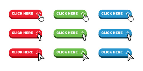 Click here button with arrow pointer and hand icon button. Click here vector button. click here action of arrow and hand pointer. Click here, UI button vector illustration on white background.