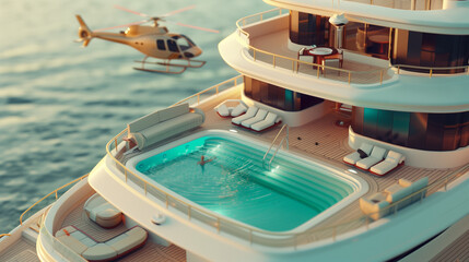 Obraz premium An extremely detailed and realistic 3D illustration of a luxury super yacht with a helicopter, swimming pool, and jacuzzi