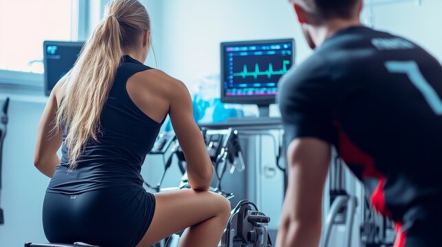 A health professional conducting a fitness test on an athlete in a sports science lab, with monitoring equipment in the background, Dynamic style - Powered by Adobe