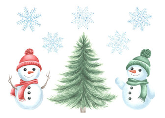 Set of snowmans with snowflakes and Christmas tree, pine. Hand drawn watercolor illustrations isolated. Cute kids characters for winter holiday design. Clipart for New Year print, wrapping, postcard.