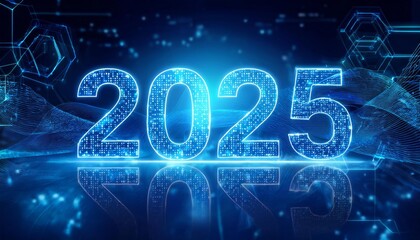 Neon '2025' glowing on a dark, tech-themed background with floating digital icons