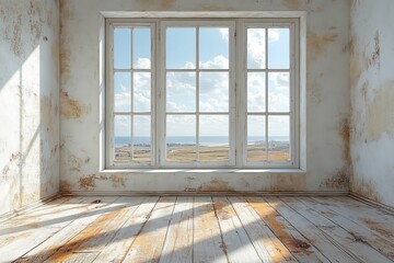 Rustic Room with Ocean View: Sunlit Interior of Distressed Walls and Wooden Floor