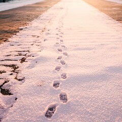 Solitary footprints peacefully leading forward on snowy path at golden hour
