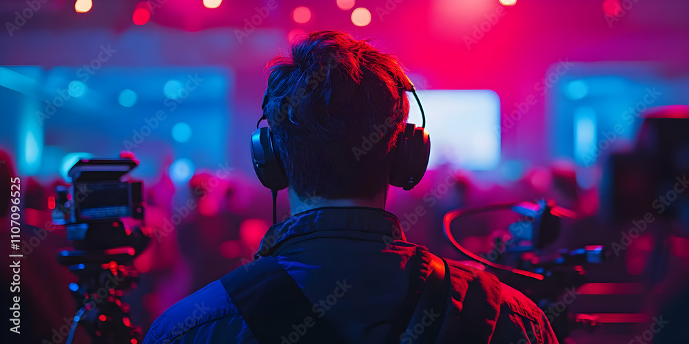 Aufkleber a person with headphones stands behind a camera in a vibrant, illuminated event setting.