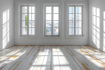 Fototapeta premium Sunlit Empty Room with White Walls and Wooden Floor