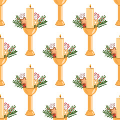 Golden candle seamless pattern with festive greenery, cookies, and berries illustration