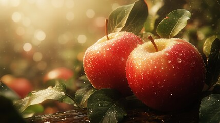 Apples are on a leafy branch. Close up photo