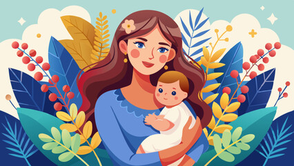 Young mother lovingly holds her baby amidst a vibrant landscape filled with lush greenery and colorful foliage in a sunny setting