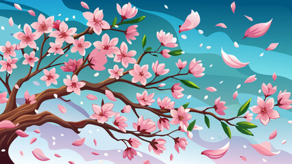 Cherry blossom petals fall gracefully in a serene landscape under a clear blue sky