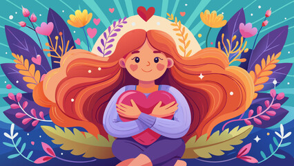 Cute girl with heart-shaped hair embraces self-care amidst a vibrant landscape filled with flowers and leaves