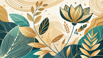Fototapeta premium Elegant abstract art background in luxury minimal style featuring floral and leaf motifs in calming colors