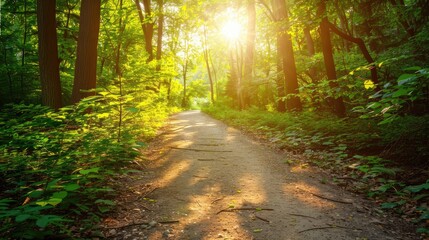 Obraz premium Forest trail in summer with sunlight and green leaves