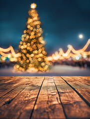 Empty wooden tabletop with blurred Christmas tree background and golden bokeh lights, for product demonstration montage.