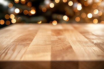 Empty wooden tabletop with blurred Christmas tree background and golden bokeh lights, for product demonstration montage.