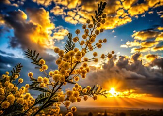 Silhouette of Silver Wattle Yellow Flowers Against a Vibrant Sunset Sky, Capturing Nature's Beauty in a Striking Contrast of Colors and Shapes for Stunning Visual Impact