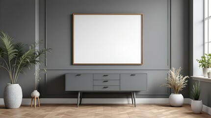 Modern Grey Living Room Interior with Blank Canvas, Plants, and Mid-Century Modern Cabinet