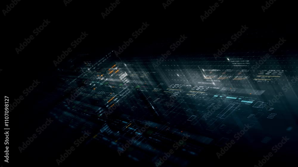 Poster Futuristic network simulation blending AI, quantum physics, and deep learning, with a particle matrix analyzing data in a sleek, HUD-style interface
