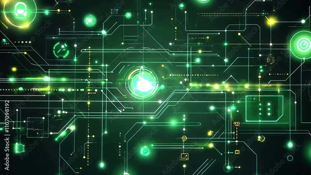 Wall mural abstract digital network with green glowing lines and shapes