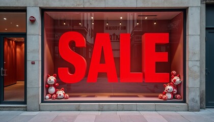 Storefront display with bold SALE sign and decorative toys in a modern retail setting
