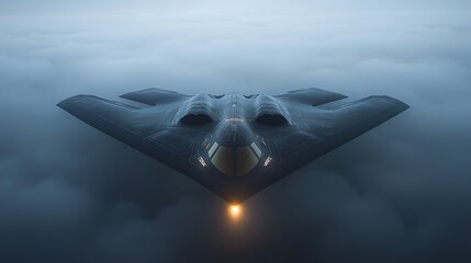 Photo realistic image of a B-2 Spirit bomber flying in the sky, viewed from a diagonal front angle with vivid realism and detailed clarity 