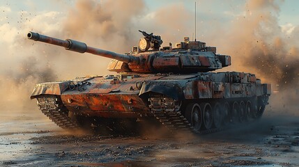 Detailed and photo realistic image of a tank moving diagonally, showcasing the vehicle’s sharp textures and realistic appearance 