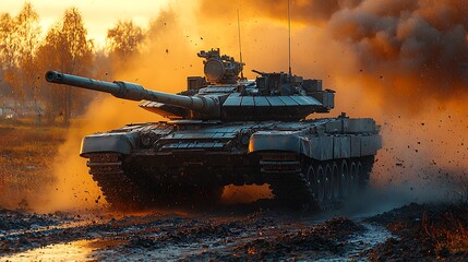 Photo realistic portrayal of a tank advancing from a diagonal front angle, with high emphasis on sharpness and realistic detail 