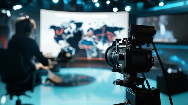 A healthcare journalist reporting on global health crises in a news studio, with journalistic reporting tools and studio environment visible, Global health crisis reporting style