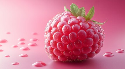 A close up of a red raspberries with green leaves