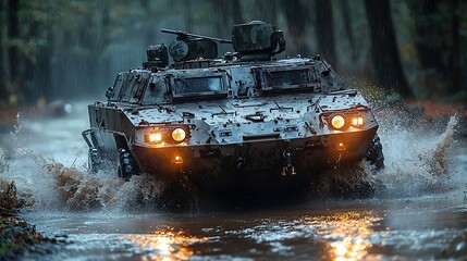 Front view of an amphibious armored vehicle moving at a diagonal angle, extremely sharp and realistic with dynamic movement 