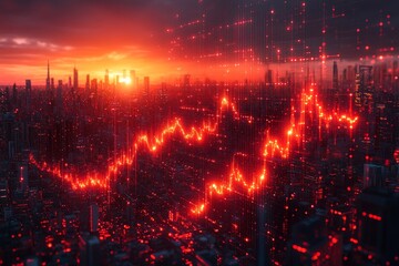 Naklejka premium Fiery Stock Market Trends over Cityscape at Sunset